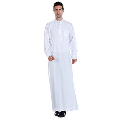 Men Arabic Long Sleeve Pure Color Thobe Crew Stand Collar Kaftan Robe with Button - color: White, size: X-Large