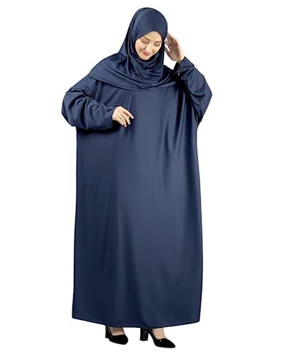 Women Prayer Clothes with Hijab Muslim Outfits Long Robe Abaya Turkish Islamic Dresses Dubai Kaftan with Rosary - color: Navy Blue