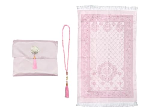 Anlising Muslim Prayer Mat with Prayer Beads and Fabric Bag, Islamic Prayer Mat, Foldable Prayer Rug, for Muslim, Islamic, Ramadan, Gifts (Pink,110x70CM)