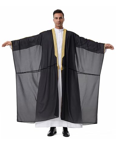IWEMEK Mens Kaftan Thobe Muslim Thobe Ramadan Abaya Prayer Dress Chiffon Open Front Embroidered Cardigan Dubai Islam Kimono - color: Black, size: X-Large