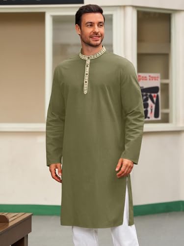 Runcati Mens Cotton Kaftan Robe Long Sleeve Button Down Henley Shirts Thobe Casual Side Split Gown Shirt - color: Army Green, size: Medium
