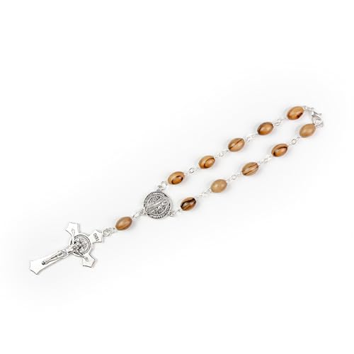 Car Rosary from The Holy Land of Bethlehem - 7” St Benedict Rosary with Crucifix & Saint Benedict Medal, Olive Wood Catholic Pocket Rosary with Wooden Rosary Beads & Lobster Clasp - color: Saint Benedict