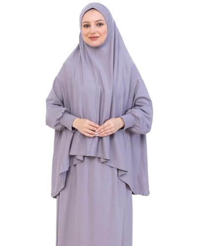 Prien Soft Prayer Dress For Women, Muslim Abaya Hijab Set, Long Turkish Cotton Praying Outfit, Islamic Clothes For Ramadan - color: Grey