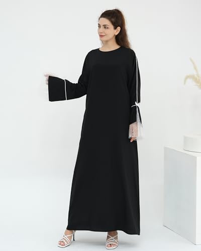 Luxury Black Abaya Dress with Intricate Lace Cuffs Full-Coverage Modest Wear for Muslim Women Elegant Prayer Dress - size: Small