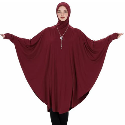 Muslim Abaya Dress for Women Highly Stretchy Batwing Hooded Prayer Hijab - color: Wine Red, size: X-Large
