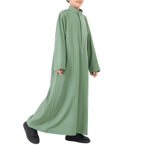 Muslim Thobe for Boys Long Sleeve Islamic Arabic Kaftan Button 𝐑obe Middle East Prayer Dress Kids Ramadan Eid Outfit - color: Green, size: 11-12 Years