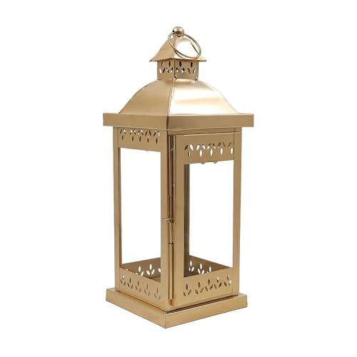 Hosley 15 Inch High Large Clear Glass Iron Classic Style Lantern Gold. Ideal Gift for Parties Weddings Aromatherapy and LED Spa Settings 05 - color: Gold, size: 15" High