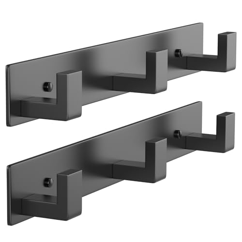 PMMASTO Wall Mounted Coat Hooks- Stainless Steel Rust-Resistant Bathroom Hangers for Towels/Hats/Coats, Heavy-Duty Wall Mount Hooks with Screws (Black 3 Hooks, 2-Pack) - color: Black, size: 3 "L" Hooks, 2PACK