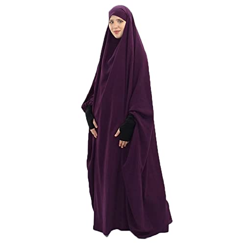 FPOVFPO Womens One-Piece Solid Abaya Muslim Prayer Dress Islamic Maxi Kaftan with Hijab Dubai Full Length Dress - color: Purple