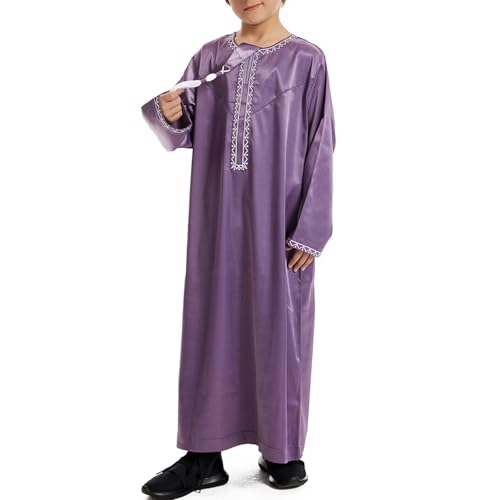 Boys Muslim Clothing Kids Prayer Outfits Long Sleeve Eid Dresses Embroidered Thobe Solid Color Crewneck Arabic Abaya - color: Purple, size: 3-4T