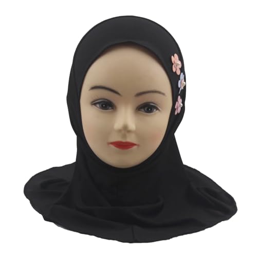 Girls Muslim Hijab Arab Scarf Islamic Headscarf for Kids with 3 Flowers - color: Black-3 Flowers