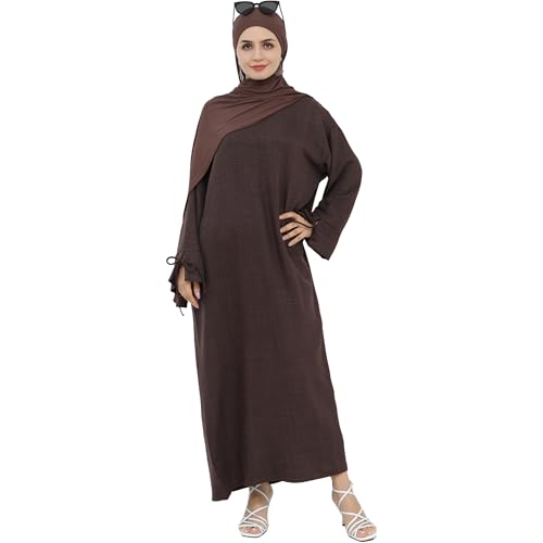Women 1PC Abaya Dress Simple Kaftan Eid Dress for Women Muslim Casual Robe Fashion Jilbab Dubai Travel Outfits - color: Dark Brown, size: Large