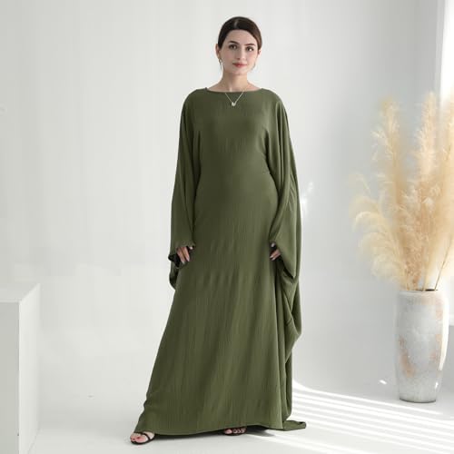 ODIZLI Abayas For Women Muslim Dubai Full Cover Kaftan Shirt Dress Batwing Sleeve Prayer Dress With Hijab - color: Army Green + Hijab, size: Two