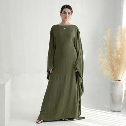 ODIZLI Abayas For Women Muslim Dubai Full Cover Kaftan Shirt Dress Batwing Sleeve Prayer Dress With Hijab - color: Army Green + Hijab, size: One Size