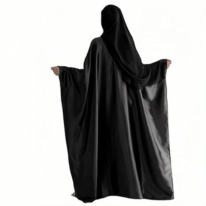 Abaya Muslim Women Dress Satin Batwing Sleeve Kaftan Maxi Arabian Dubai Islamic Ramadan Prayer Dress with Hijab Scarf - color: Black