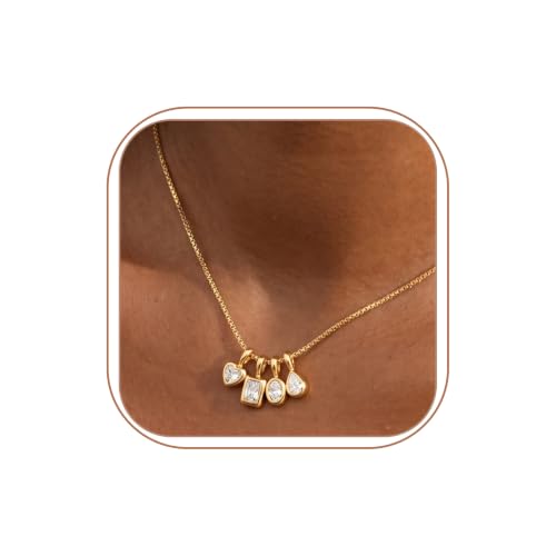 Gold Necklace for Women Dainty Cubic Zircon Pendant Necklace with Removable Heart/Teardrop/Round/Rectangle Pendant Necklace Non Tarnish Gold Diamond Necklaces - style: Four CZ Charms-GD
