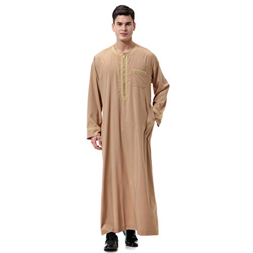 Lenmipot Men's Muslim Clothes Durable Kaftan Robe Dubai Long Gown Ethnic Clothes,1pc Soft Robe - color: A Light Tan, size: 3X-Large
