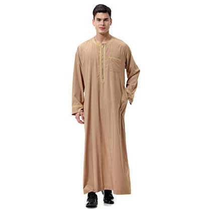 Lenmipot Men's Muslim Clothes Durable Kaftan Robe Dubai Long Gown Ethnic Clothes,1pc Soft Robe - color: A Light Tan, size: Medium