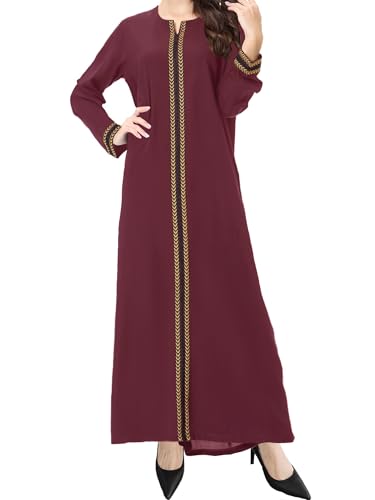 WSPLYSPJY Embroidered Abaya Muslim Dresses for Women Prayer Robe - color: Wine Red, size: Medium