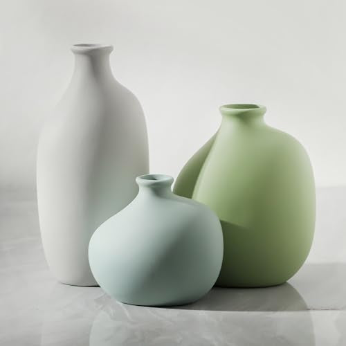 Small Ceramic Vase Set of 3, Modern Neutral Decorative Pottery Vases | Three different shapes with soft matte colors, perfect for shelves, tables, dried flowers and home styling. - color: 9099-3