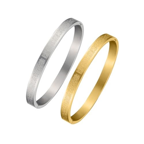 AYATUL KURSI Islamic Jewelry Bracelets Stainless Steel Openable Bangles Arabic Calligraphy Islamic Faith Gifts Messager Islamic Calligraphy Muslim Men Jewelry Bracelets Gift for Women - color: 1 Steel color 1 Gold