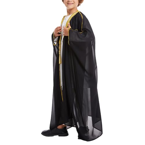 Toddler Boys Muslim Arabic Thobe Long Sleeve Embroidered Islamic Kaftan Teens Middle East Prayer Dress Ramadan Eid Clothes - color: Black, size: 1-2T