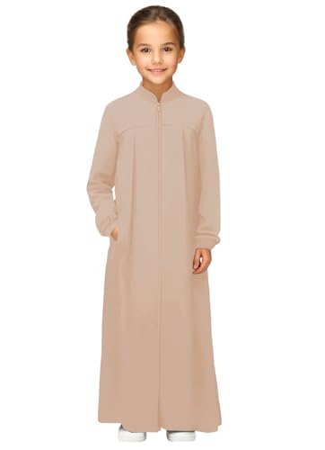 Girls Abaya Muslim Dress with Front Zipper 2 Pockets Dress Long Sleeve Solid Islamic Prayer Clothes for Kids - color: Khaki, size: 5-6 Years