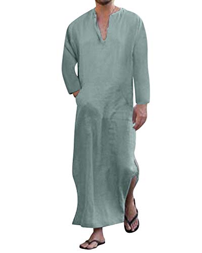 Jacansi Men's 65% Cotton 35% Linen Kaftan Thobe, Long Sleeve Casual Arabic Robe, Loose Long Gown with Pockets - color: Green #1, size: Medium
