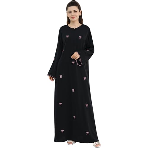 Abaya Dress for Muslim Women Bow Front Zipper Side Pockets Ramadan Eid Robe - color: Black, size: X-Large