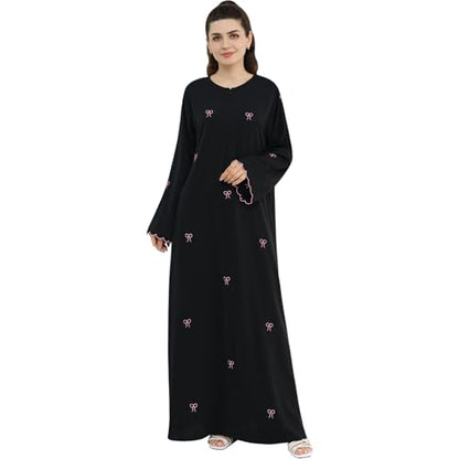 Abaya Dress for Muslim Women Bow Front Zipper Side Pockets Ramadan Eid Robe - color: Black, size: Large