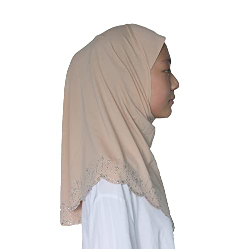 Girls Hijab with Rhinestones – Sparkly Non-Slip Amira Scarf for Kids, for Daily Prayer, School, Ramadan & Eid (Ages 4-12) - color: Light Camel-wavy Edge