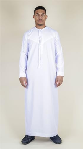 Men's Thobe Emirati Omani Jubba Islamic Clothing Muslim Kaftan Eid Robe Arab String Tassel - color: White Slim, size: 60