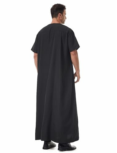 Muslim Men Abaya Short Sleeve Kaftan Islamic Arab Robe Men Dishdasha Zipper Robe Ethnic Clothes Dubai Travel Thobe - color: Black, size: Large