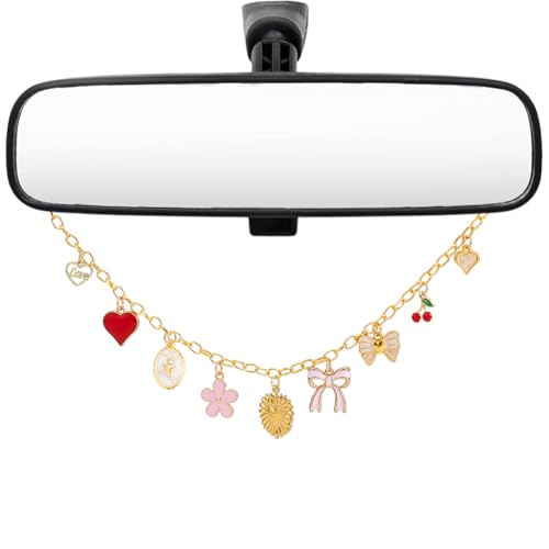 Cute Car Hanging Ornament Golden Rear View Mirror Charm with Colorful Heart Bowknot Flower Cherry Pendants Boho Dangle Ornament Car Interior Accessories for Home Window Balcony Decor - style: Flower, Heart, Bow, Cherry