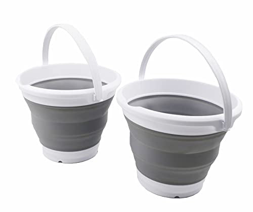 SAMMART 5.5L (1.4 Gallon) Set of 2 Collapsible Plastic Bucket - Foldable Round Tub - Portable Fishing Water Pail - Space Saving Outdoor Waterpot. (White/Grey) - color: White/Grey