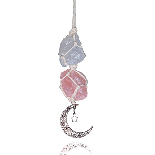 BOHO GARDEN Hanging Car Charm – Clear Quartz & Rose Quartz - Dangling Moon, Healing Crystal Accessories, Rearview Mirror Decorations –Healing, Clarity, Intuition, Love, Connection, Self-Worth, Energy - color: Clear Quartz-rose Quartz