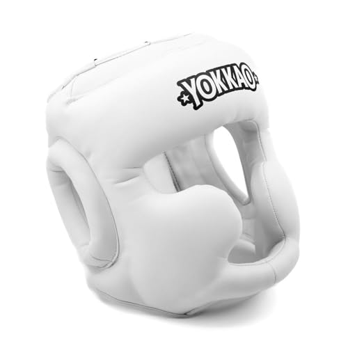 YOKKAO Premium Head Guard | Handmade Genuine Leather Headgear | Ideal for Muay Thai, Boxing, Kickboxing Sparring, Hard Training & Professional Competitions - color: White Training, size: Medium
