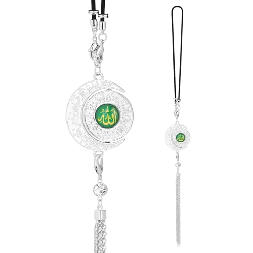 Ayatul Kursi Islamic Car Hanging Ornament,Allah Muhammad Islamic Arabic Quran Rotatable Double-Sided Crescent Moon Pendant with Crystal Tassel,Muslim Car Rear Mirror Décor Accessorie Eid Gift - color: Silver 1