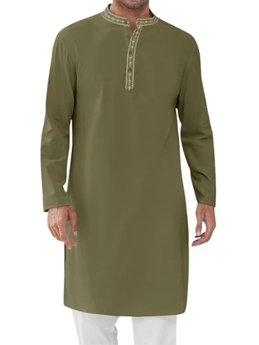 Runcati Mens Cotton Kaftan Robe Long Sleeve Button Down Henley Shirts Thobe Casual Side Split Gown Shirt - color: Army Green, size: Medium