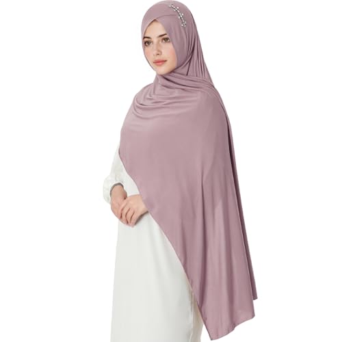 khalat Instant Hijab 여성용 무슬림 샤이니 라인스톤 데일리 스카프 부드럽고 신축성 있는 단색 이슬람 기도 히잡 - color: 라이트 퍼플