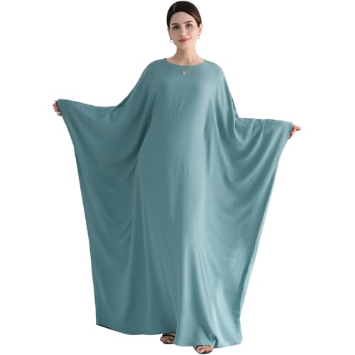 Muslim Abaya Dress Women Middle East Arabian Prayer Robe Batwing Maxi Kaftan Abaya Dress with Hijab - color: Green