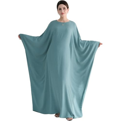 Muslim Abaya Dress Women Middle East Arabian Prayer Robe Batwing Maxi Kaftan Abaya Dress with Hijab - color: Green