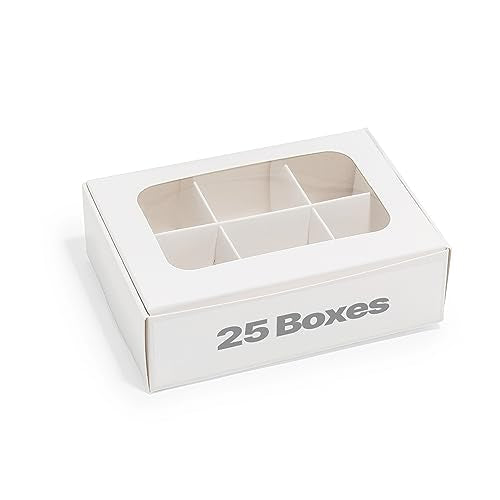 25 pcs White Mini Truffle Box for 6 treats with Windows and Dividers, Bakery Boxes, 5 x 3.5 x 1.57 Inches VERY SMALL Baking Boxes, Square Truffles Box for Gift Giving - color: White