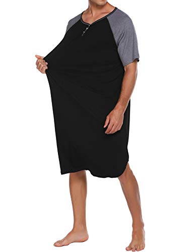 Ekouaer Sleepwear Men's Nightshirt Short Sleeve Pajamas Comfy Big & Tall Henley Sleep Shirt M-XXXL - color: Black With Light Grey, size: Large