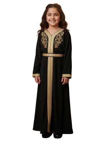 Girls Muslim Abaya Prayer Dress Islamic Modest Arabian Dresses Middle East Dubai Attire Kaftan - color: Black, size: 8-9 Years