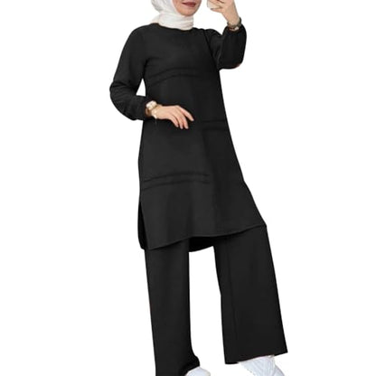 Abayas Dress For Women Muslim Long Sleeve Loose Top Pants 2 Pcs Dubai Islamic Muslim Women Matching Sets - color: Black Cc, size: XX-Large