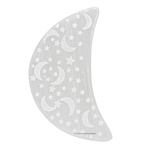 Amazing Gemstone Selenite Crystal Charging Plate for Crystals and Healing Stones, 4" Selenite Crystal Plate Engraved Star and Moon Coaster for Home, Office Table Decor (Selenite Crescent Moon) - size: 4" Inches