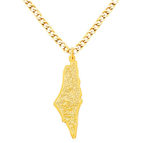 Uloveido Palestine Map Necklace – Arabic Engraved Stainless Steel Pendant, Islamic Middle Eastern Cultural Jewelry for Men and Women - color: Gold