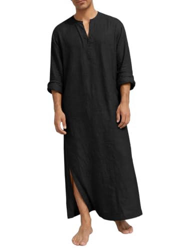 Runcati Mens Kaftan Robe Linen Long Sleeve Thobe Kurta Muslim Gown Shirt - color: Black, size: X-Large