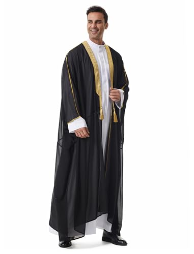 OBEEII Men Muslim Thobe Open Front Chiffon Ramadan Abaya Cardigan Dubai Saudi Embroidery Eid Islamic Clothes Prayer Kaftan - color: Black, size: X-Large